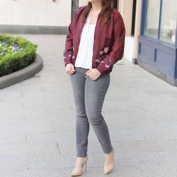 *LOVE FIRE FLORAL EMBROIDERED BURGUNDY SATIN BOMBER JACKET LIGHT WEIGHT ZIPFRONT - Picture 3 of 9